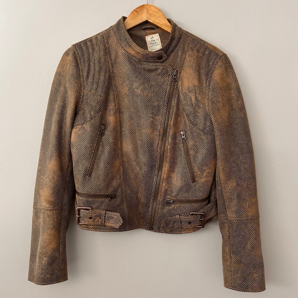 We The Free Moto Jacket‎ Womens M Tan Snakeskin Vegan Leather Fenix Free People
